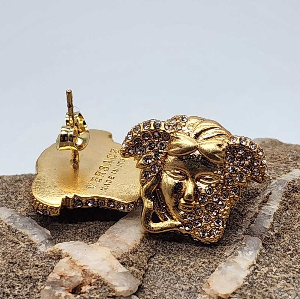 LARGE VERSACE MEDUSA HEAD GOLD STUD EARRINGS WITH CRYSTALS - Picture 6 of 9